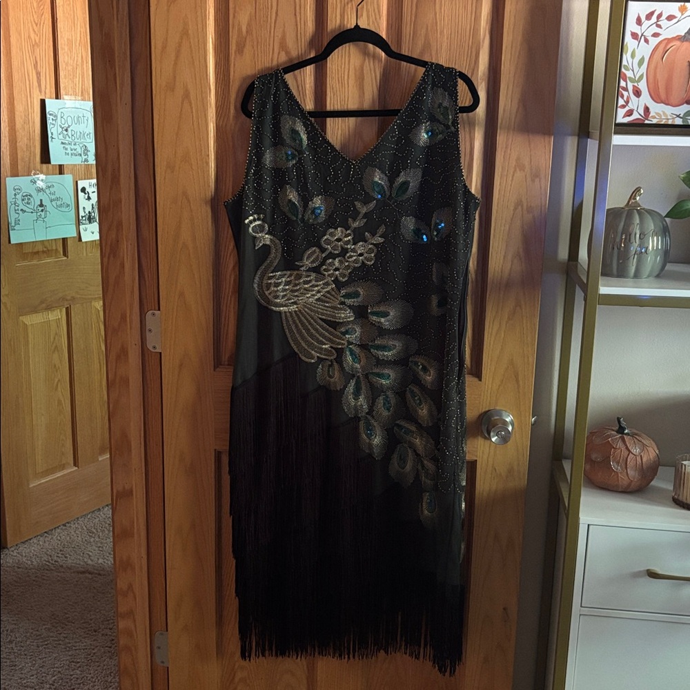 Black Beaded Dress with Peacock Design - Picture 6 of 9